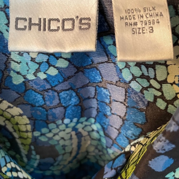 Chico's Blue, Green & Black Mosaic Floral Silk Long Sleeve Shirt Size 3-XL - Picture 2 of 6